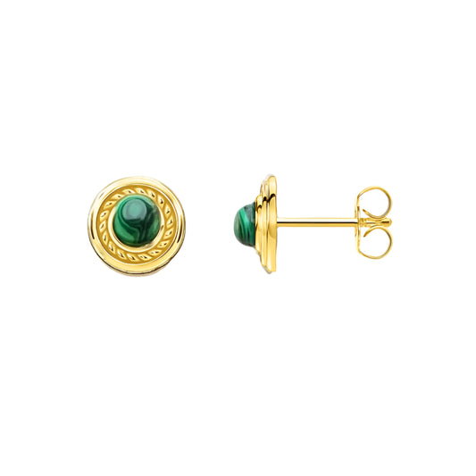 Green Stone Round Gold Stud Earrings