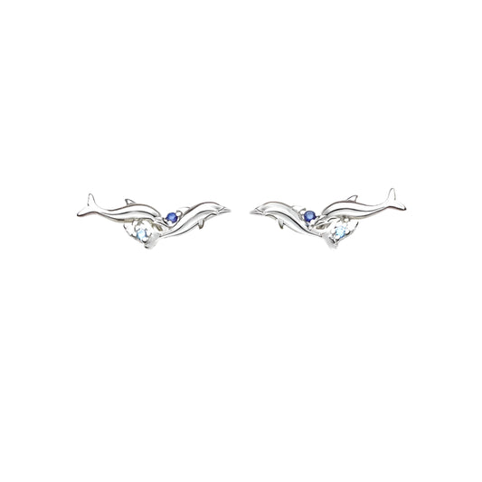 Ear Climber Dolphins With Blue Stones